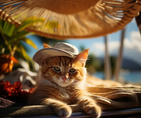 A relaxed tabby cat with a stylish sunhat lounges under a straw parasol