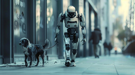 robot walking a dog. robot is having his own pet. 