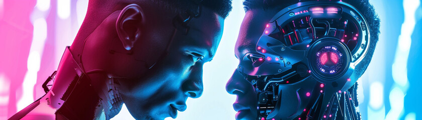 A cyborg and a human standing side by side, each showcasing a different blend of technological and organic features against a vibrant, neon-lit background - obrazy, fototapety, plakaty