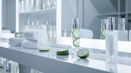 Fototapeta na wymiar A futuristic representation of advanced skin care technologies infused with cucumber extracts, symbolizing innovation and progress in the beauty industry,