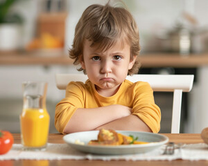 Obraz na płótnie Canvas A little kid sits at the breakfast table, unhappy with the food on their plate,