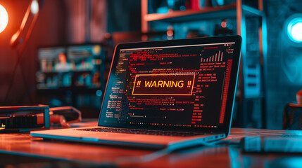 A laptop displaying a warning message amidst a backdrop of error codes,