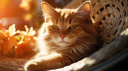 A content ginger cat rests in a basket, basked in warm floral sunlight - 781373484