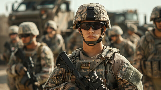 A group of soldiers in full army gear, each with a personalized name tag displayed prominently
