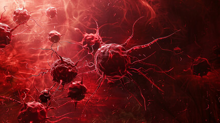 A thought provoking illustration of cancer cells multiplying in a sea of red against a backdrop of dark tones,