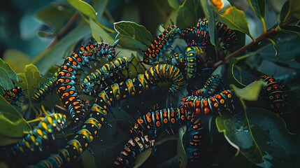 Vibrant Caterpillar Feeding Frenzy in Lush Foliage