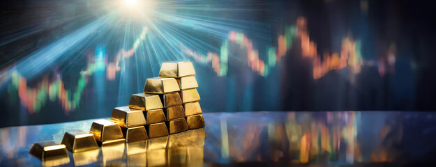 Shimmering gold bars form a rising staircase against a backdrop of financial charts. Panorama with copy space.