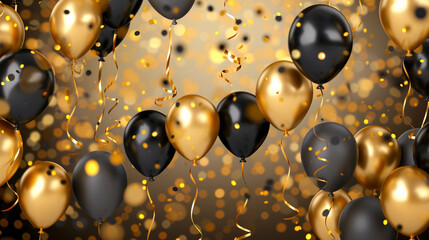 A whimsical cartoon featuring a gold and black balloon party,