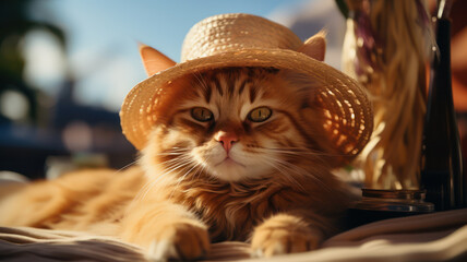 A relaxed tabby cat under a straw hat enjoys a leisurely tropical day - 781373661