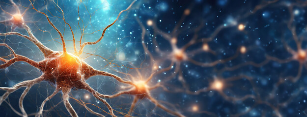 Neural network visualization illustrates a bright neuron firing in a synaptic impulse transmission. Glowing connections represent the complexity of brain activity, a microcosm of thought. Panorama.
