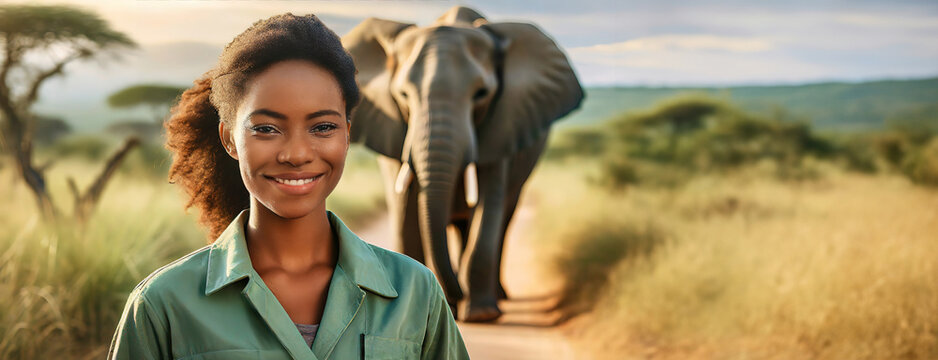 Smiling woman stands before an elephant on an African savanna, epitome of wildlife conservation. Female in uniform takes a role in environmental protection, pride in her stance.