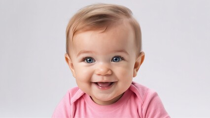 A cute baby smiling and looking at the camera on a grey background 