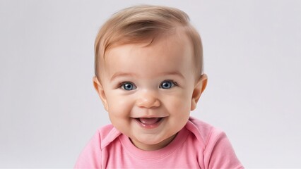A cute baby smiling and looking at the camera on a grey background 
