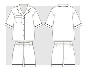 Pajamas with shirt with short sleeves and shorts. Technical sketch. Vector illustration.