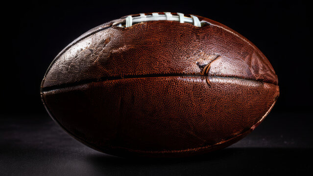  close-up image of an American football on a black background