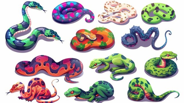 Set of modern images featuring cartoon species of snakes, such as a cobra Ophiophagus hannah, king snake Lampropeltis zonata, green ball python Trimeresurus salazar, and Komodo tree viper