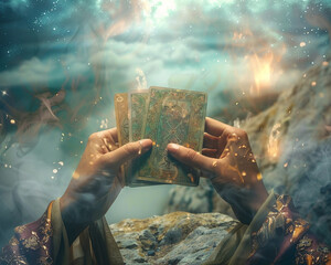 Female hands with tarot cards overlaying a mystical landscape in the background, - obrazy, fototapety, plakaty
