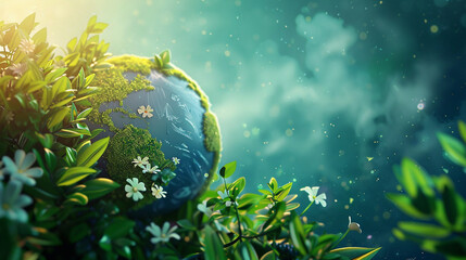 Illustrate a vibrant and visually stunning 3D animation with an eco-friendly message, incorporating a backdrop background inspired by the earth's natural elements
