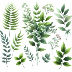 a collection of green and blue leaves and plants.
