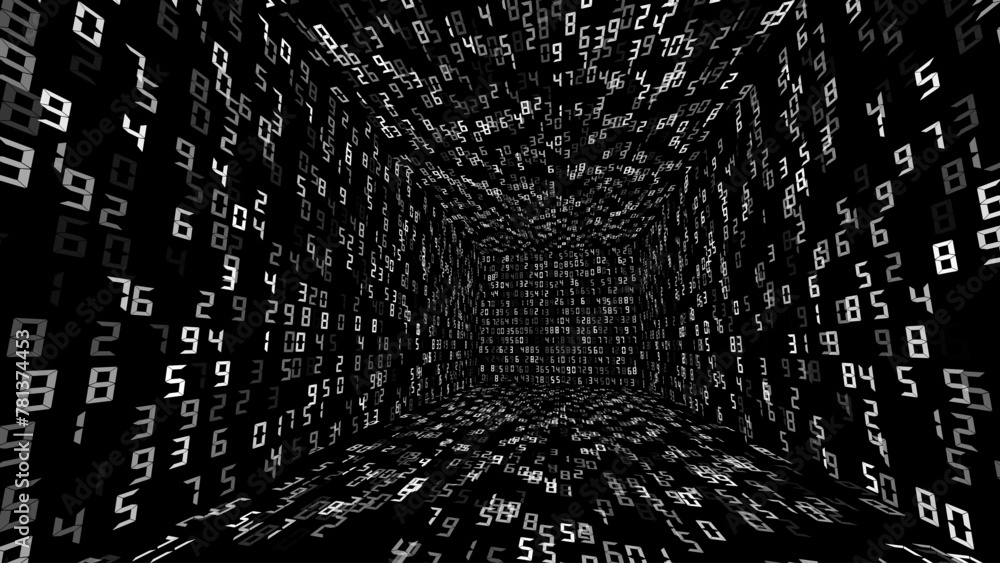 Fototapete Big Data 3D Matrix Numbers. Quantum Computer CPU Core Code Concept Background. 3D Blockchain Cube Blocks Concept. Data Sorting. Artificial Intelligence HUD Design Element. Vector Illustration.