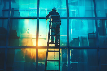A industrial climbing worker washing windows - 781374409