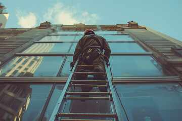 A industrial climbing worker washing windows - 781374418