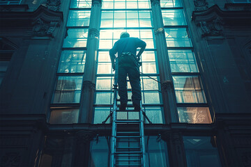 A industrial climbing worker washing windows - 781374435