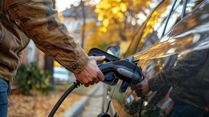 Naklejka premium Focus on the hands of a man skillfully connecting his electric vehicle to a public charging station, marking progress