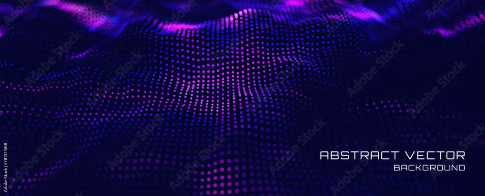 Poster Abstract Sound Wave Background. Glowing Particles Musical Wave. Digital Network Cyber Big Data Flow. 3D Surface Vector Fields. Vector Illustration. Virtual Reality Cyber Space Metaverse Backdrop.