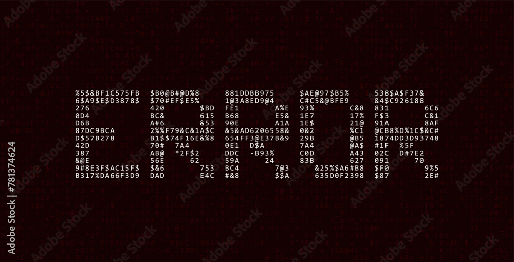 Fototapete ASCII Art ERROR Word Made from Random Letters and Numbers. Dark Binary Code Error. Concept of Protected Digital Data Leak. Hacker Attack Database Malware. Cyber Security Vector Background.