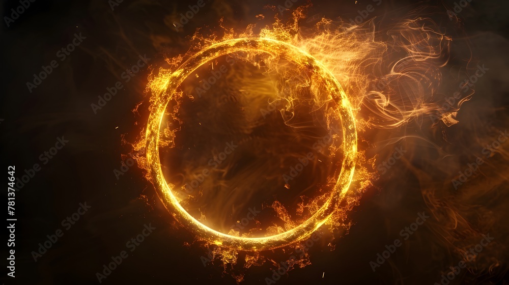 Poster ethereal 3d rendering of a perfect circle of fire glowing intensely in the dark,symbolizing infinite