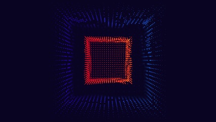 3D Hi-Tech Cube. Big Data Cube Quantum Computer CPU Core Concept Background. Light Dots with Depth of Field Effect. Data Sorting. Business Server Security Artificial Intelligence HUD Design Element.