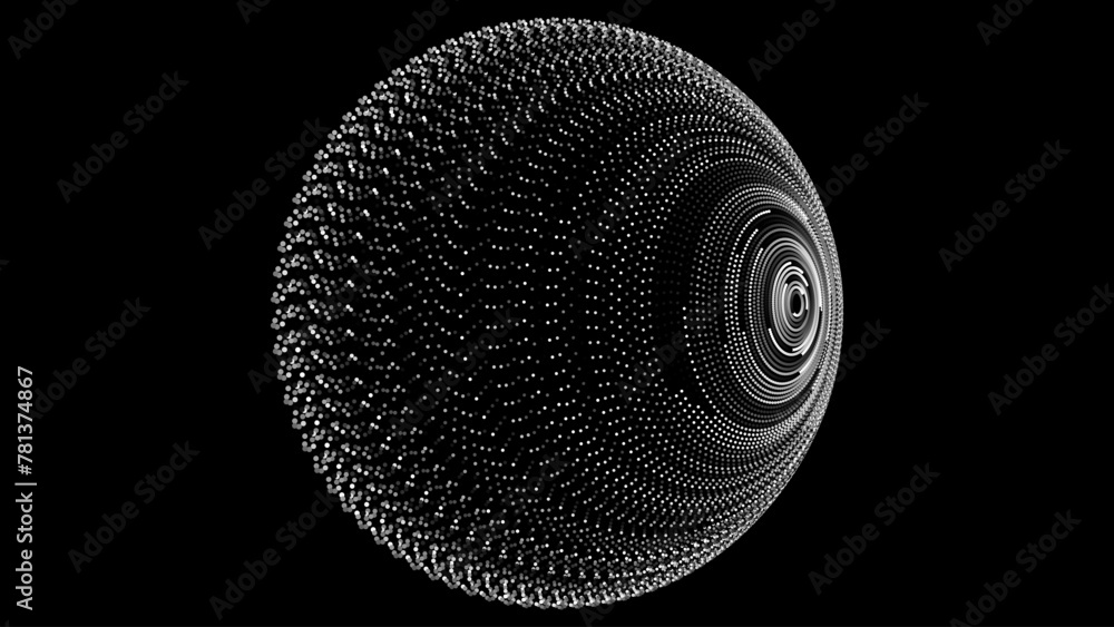 Poster Abstract Spherical Form Consisting of Small Particles. 3D Objects with Dots. Molecular Grid. Futuristic Connection Structure for Technology and Science. Vector Illustration.