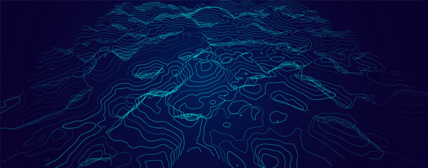 3D Sea Ocean Depth Topographic Topo Map Banner Background. Curvy Wavy Lines Vector Illustration. Hills, Rivers and Mountains. Geography Concept.