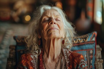 Obraz premium Discover a peaceful portrayal as a senior woman sits in lotus pose at home on a sunny afternoon, surrounded by tranquility, her face radiating contentment and inner peace