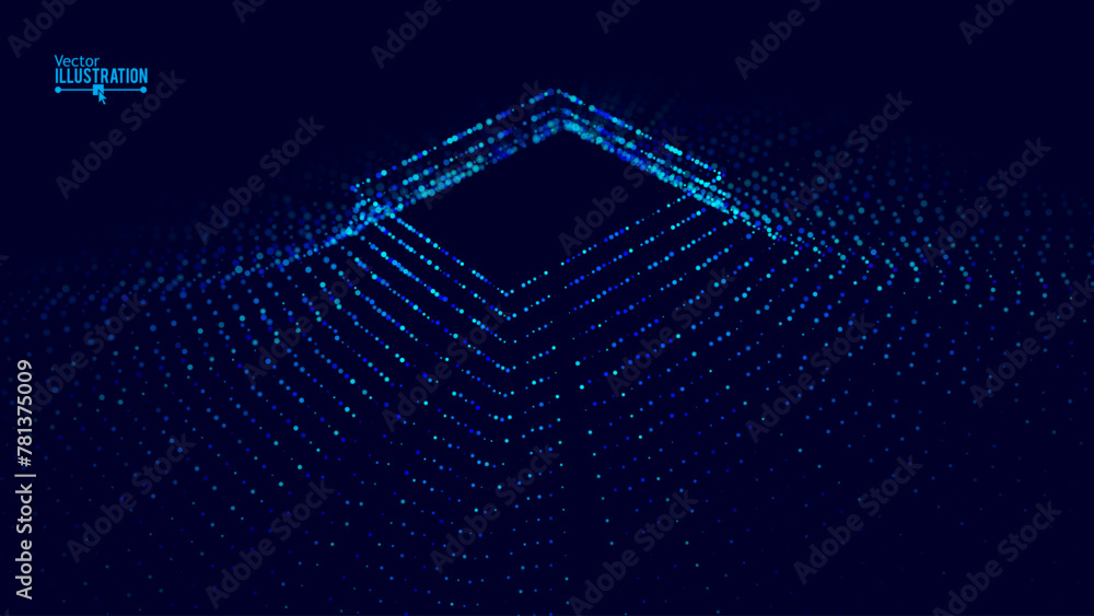 Aufkleber Abstract Dynamic Particle Lights Square Tunnel Background. Futuristic Cyber Portal in Virtual Reality VR. Blue Data Transfer Particle Flow. Hi Tech Vector Illustration.