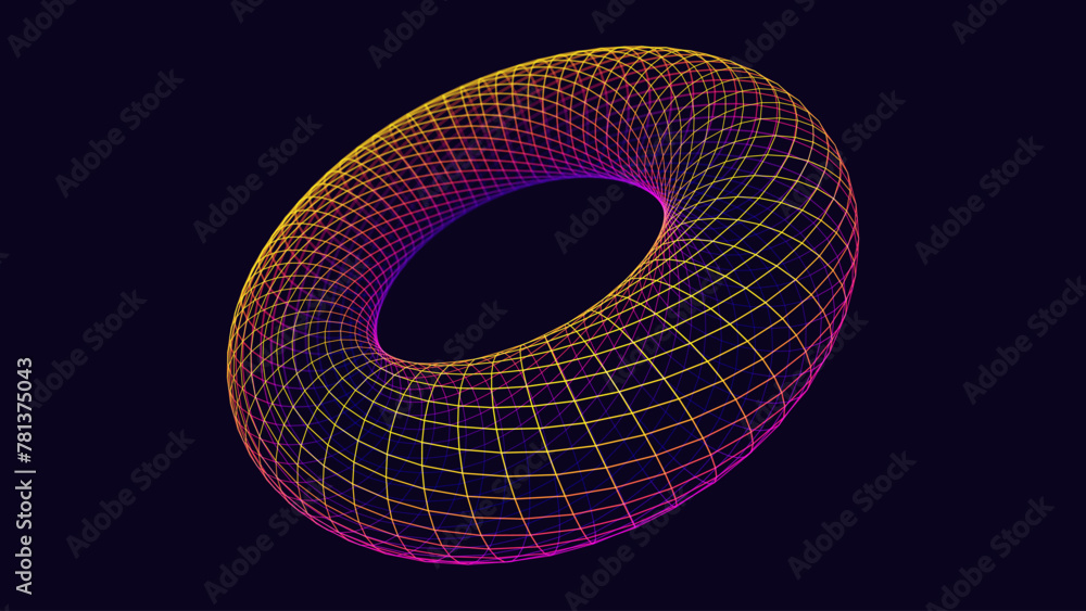 Aufkleber Glitched Cyberpunk 3D Torus Shape. Colorful 3D Donut Grid Geometry for Retrowave Vaporwave Synthwave Style Graphic Design. Old Cyberpunk 80s-90s Aesthetic Virtual Reality Concept. Vector Illustration.