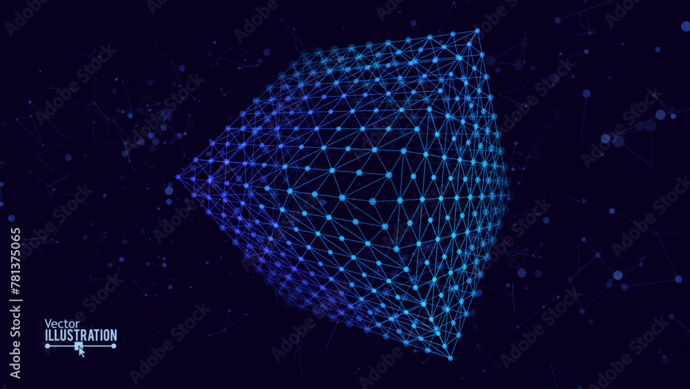 Poster 3D Cube Banner. Object with Dots and Lines. Molecular Grid. 3D Technology Style Banner Design. Vector Illustration. Futuristic Connection Structure for Technology or Science Concept.
