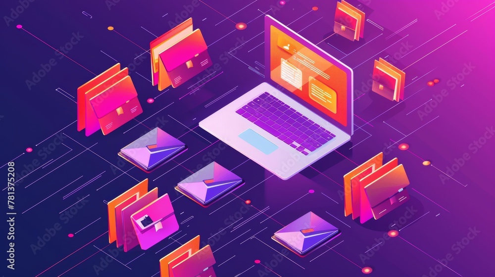 Poster data and document exchange banner. modern landing page with isometric laptops showing folders and fi