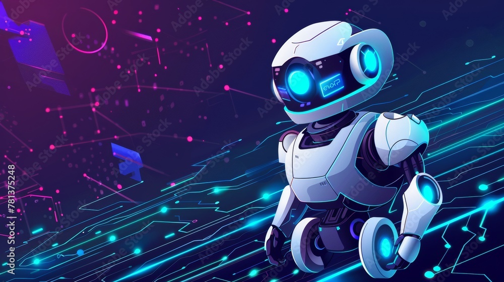 Poster an animated technology banner with robotics and automation with neon glowing hud technologies. a fut