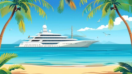 An elegant sailboat moored in a tropical island harbor with palm trees and a sandy beach. Cruise ship on water surface in summer. Illustration modern cartoon.