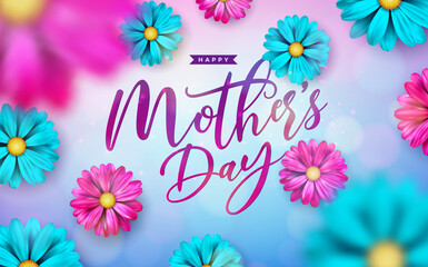 Happy Mother's Day Postcard Illustration with Spring Flower and Typography Letter on Blue Background. Mother Day Vector Celebration Design for Banner, Greeting Card, Flyer, Invitation, Brochure