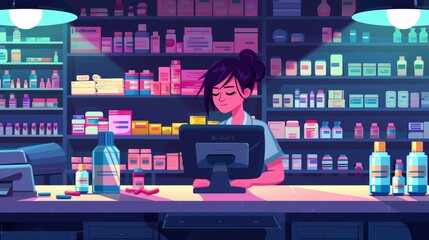 Pharmacy counter with shelves with medicines on background. Modern interior of apothecary with woman working at computer and medical products, pills and vitamins.