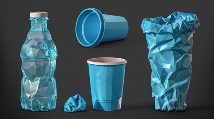 An empty plastic cup with a crumpled top, an empty plastic bottle for water with a crumpled cap, and a disposable flask. Crumpled trash, an empty container for beverages isolated on a transparent
