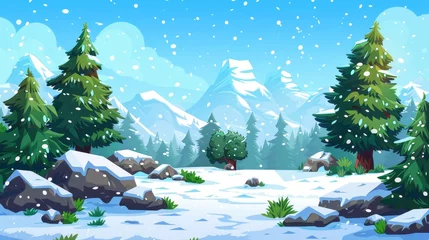  Rocky mountain landscape with conifer trees and rocks covered in snow. A resort, a park, a garden with icy pines under a blue sky. A cartoon background with modern illustration. © Mark