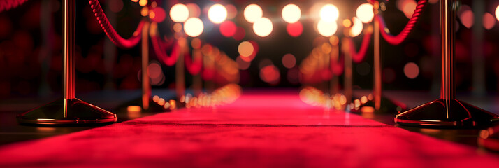 Luxurious red carpet event entrance with glowing lights, velvet ropes. Elegant premiere night walkway with red carpet and golden barriers. Exclusive gala setting, vibrant red carpet, shimmering lights