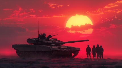 Artistic rendering of a Main Battle Tank silhouetted against a setting sun with soldiers standing beside it