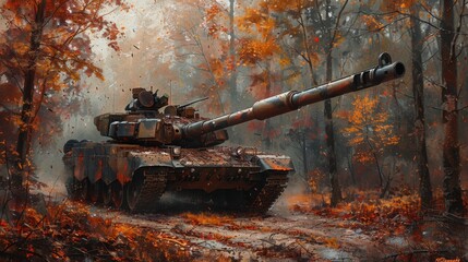Artistic rendering of a self-propelled gun in a defensive position camouflaged in a forest during autumn - obrazy, fototapety, plakaty