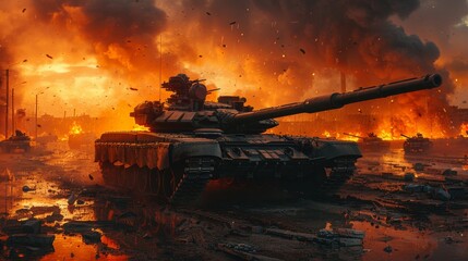 Artistic rendering of a tank destroyer moving silently through a war-torn urban environment at night illuminated only by sporadic fires and explosions - obrazy, fototapety, plakaty