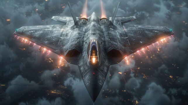 Artistic rendering of a futuristic stealth fighter deploying electronic warfare countermeasures visualized through dynamic